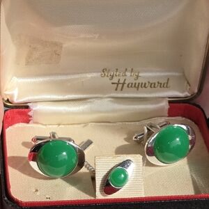 Vintage Hayward Green Cabochon Cufflinks & Tie Tac Set | Signed | USA